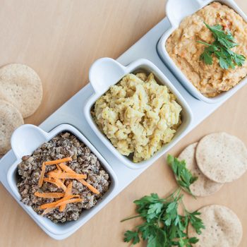 3 DIPS: Favetta beans and cashew nut dip / Crushed puy lentils with tahini and cumin / Red Pepper Hummus